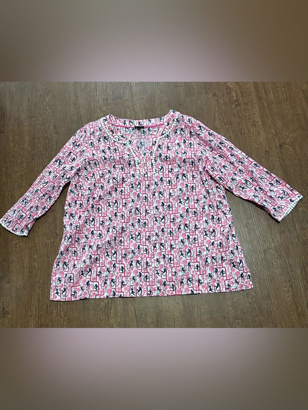 Talbots Monkey Novelty print Pink and Navy V-Neck Tunic